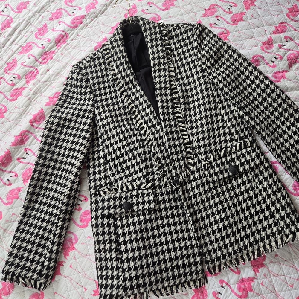 EXPRESS Blazer Coat Houndstooth Black and White - Picture 9 of 13